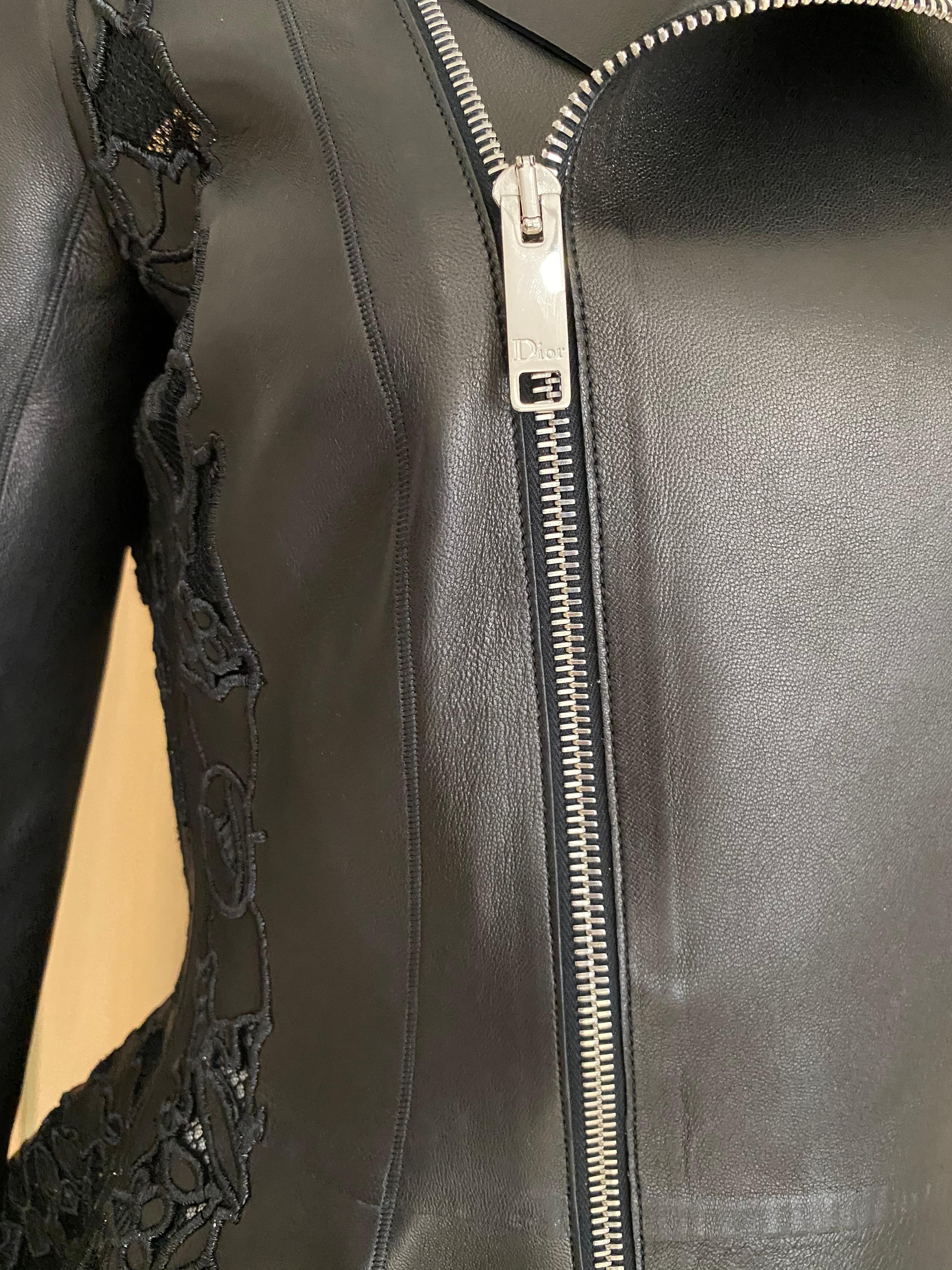 Christian Dior Black Leather Peplum Jacket with Lace  For Sale 3