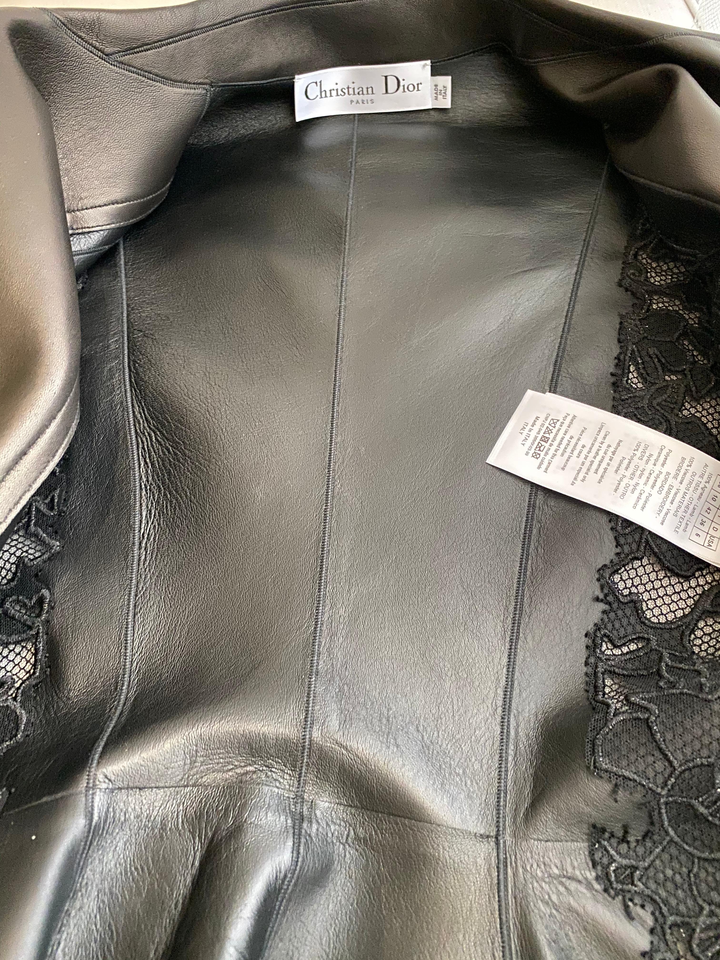 Christian Dior Black Leather Peplum Jacket with Lace  In Excellent Condition For Sale In Beverly Hills, CA