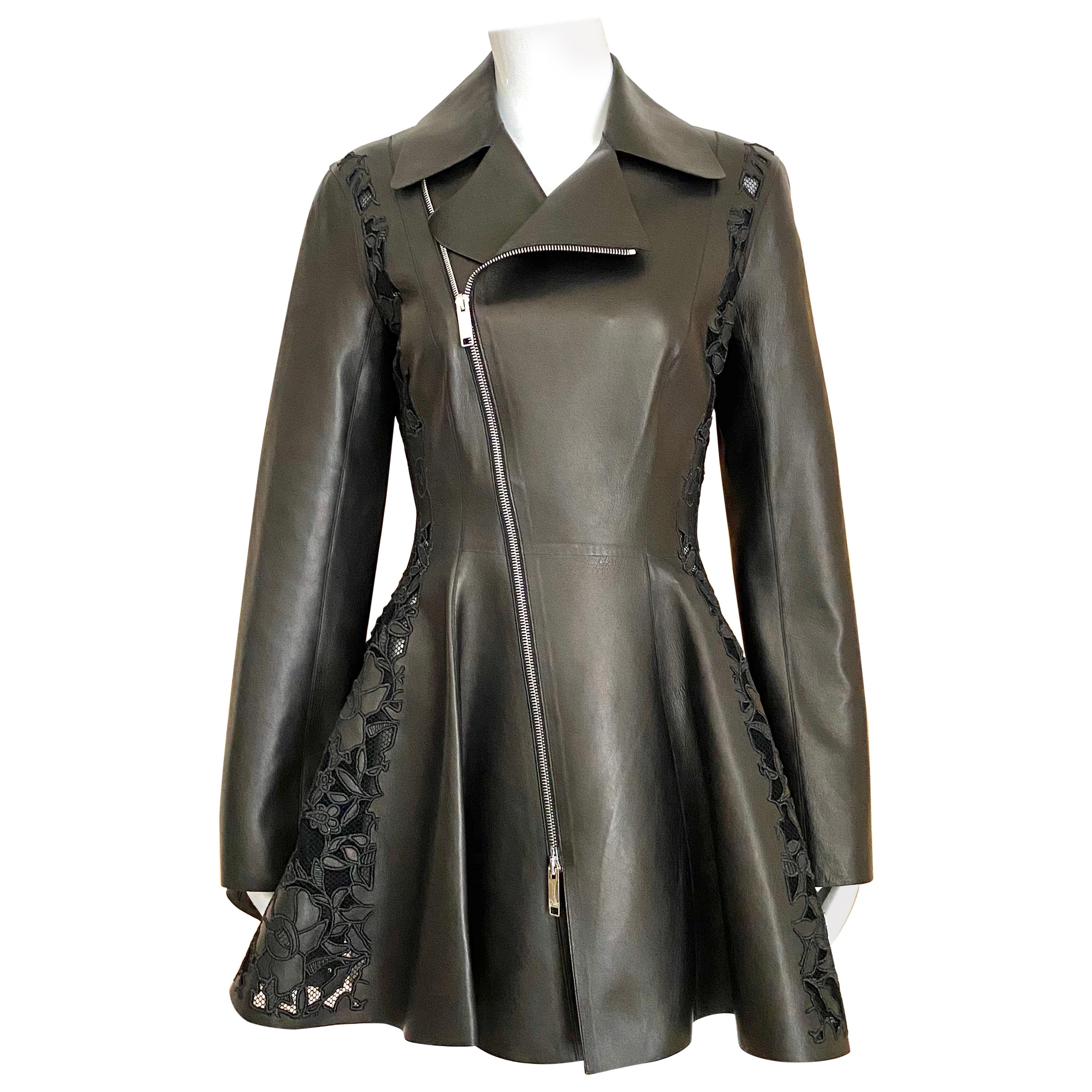 Christian Dior Black Leather Peplum Jacket with Lace  For Sale