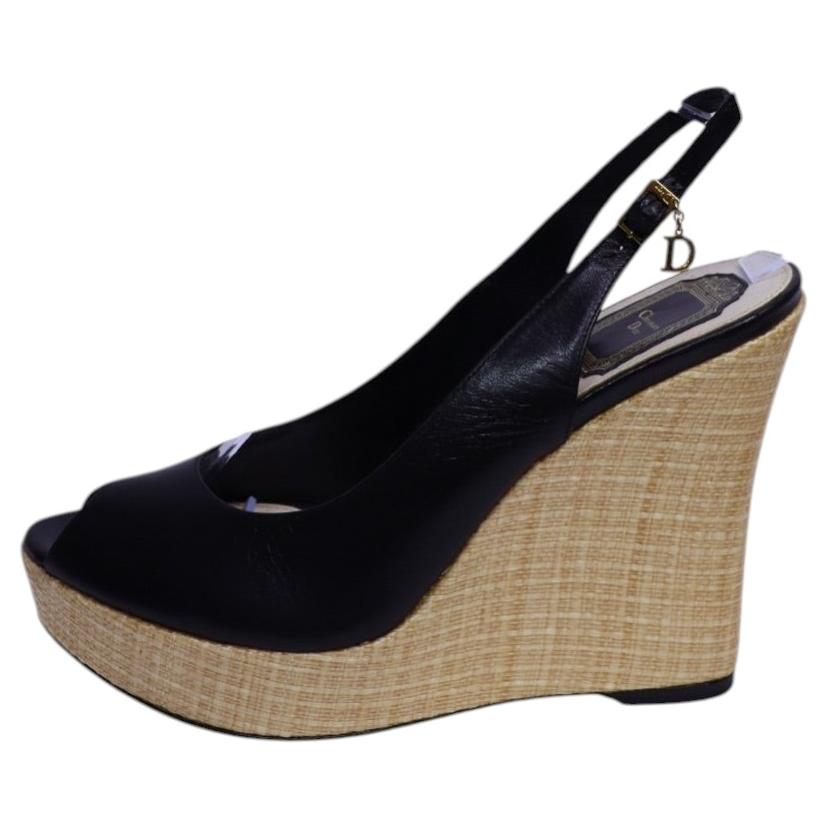 Sandales à talon compensé en cuir noir avec bride arrière Christian Dior - 39,5 (taille européenne)