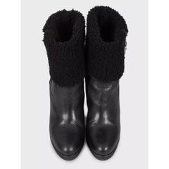 Christian Dior Black Leather Shearling Wedge Boots - Size 40