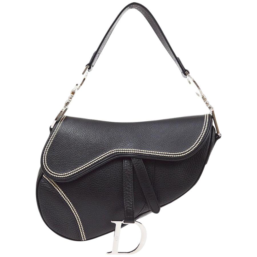 Christian Dior Black Leather Stitch Silver Logo Saddle Top Handle Shoulder Bag