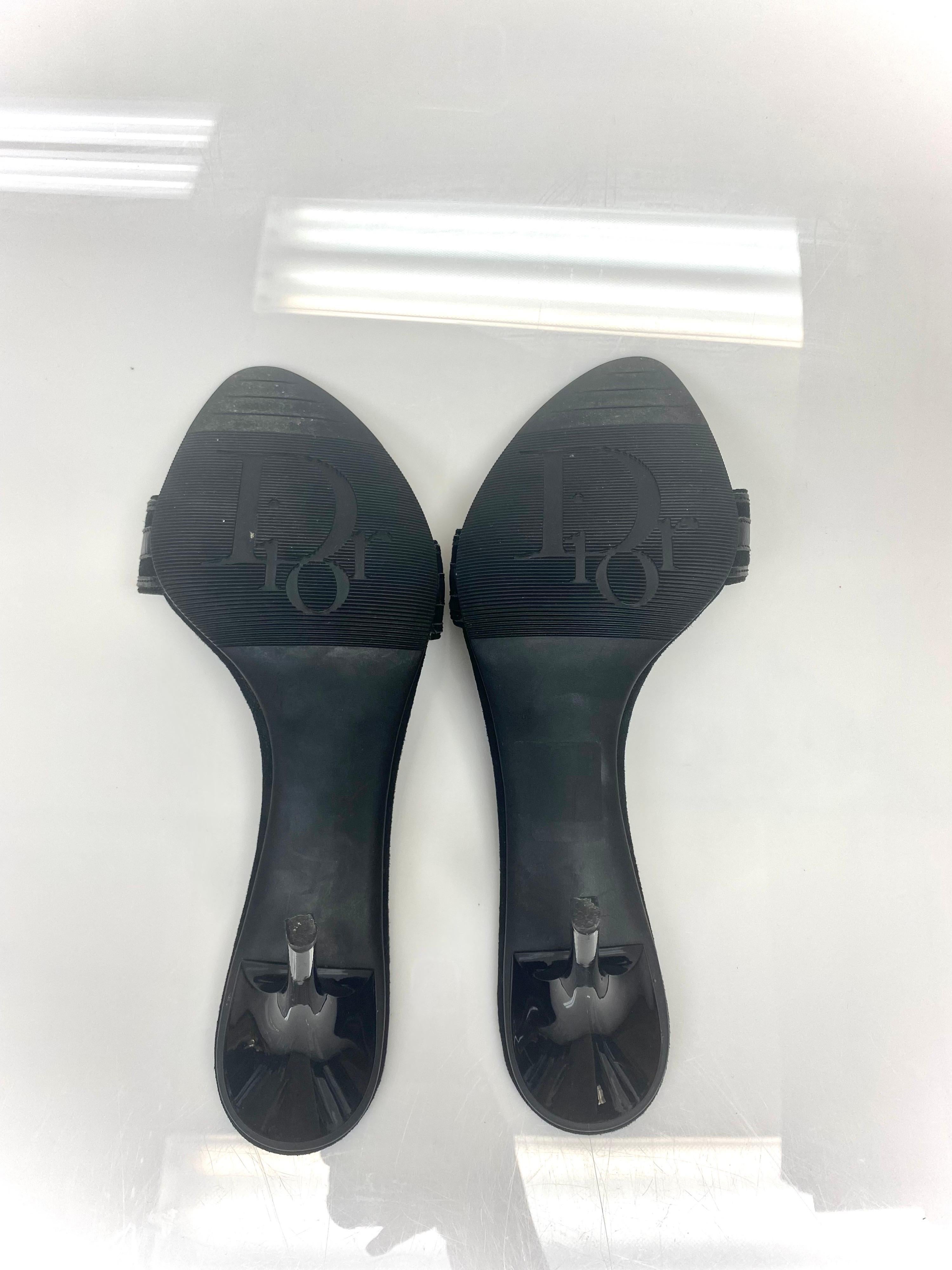 Women's Christian Dior Black Leather Suede Bow Striped Heels Slides Mules Size 39.5
