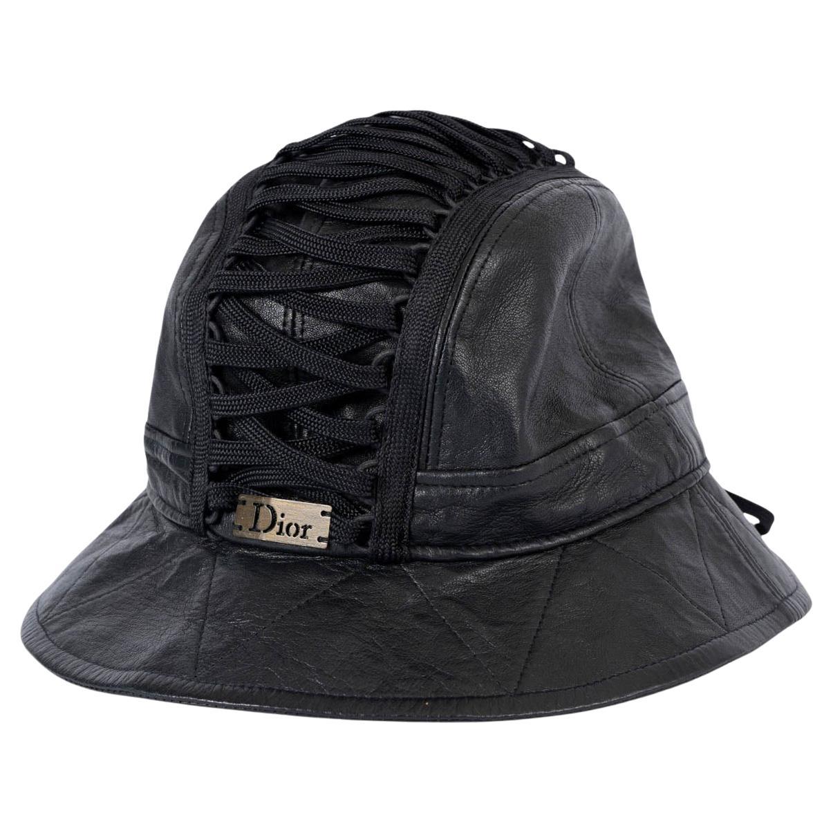 CHRISTIAN DIOR black leather VINTAGE CORSET BUCKET Hat 57 For Sale
