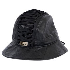 CHRISTIAN DIOR black leather VINTAGE CORSET BUCKET Hat 57