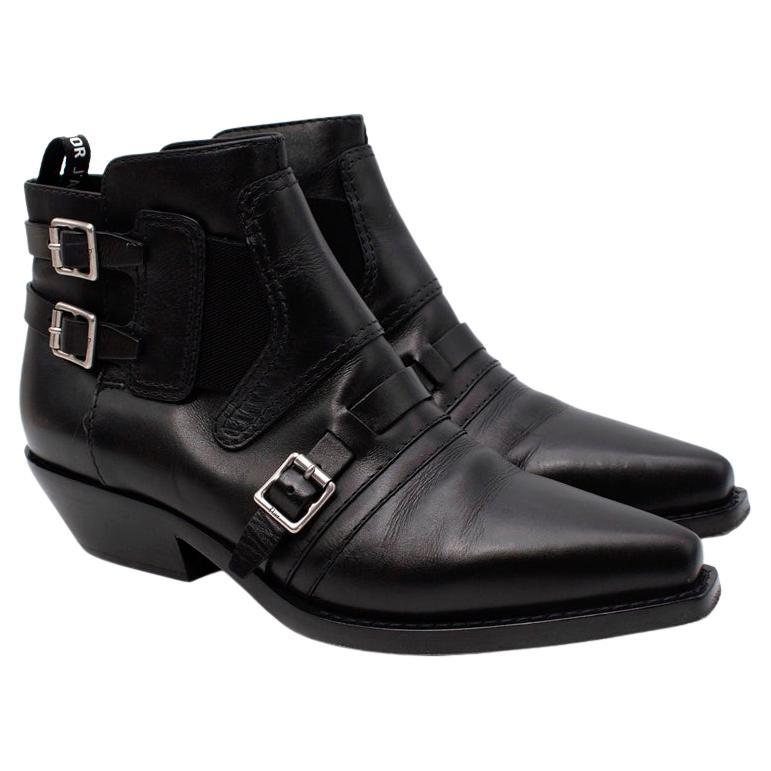 Christian Dior Black Leather Western Buckle Ankle Boots For Sale
