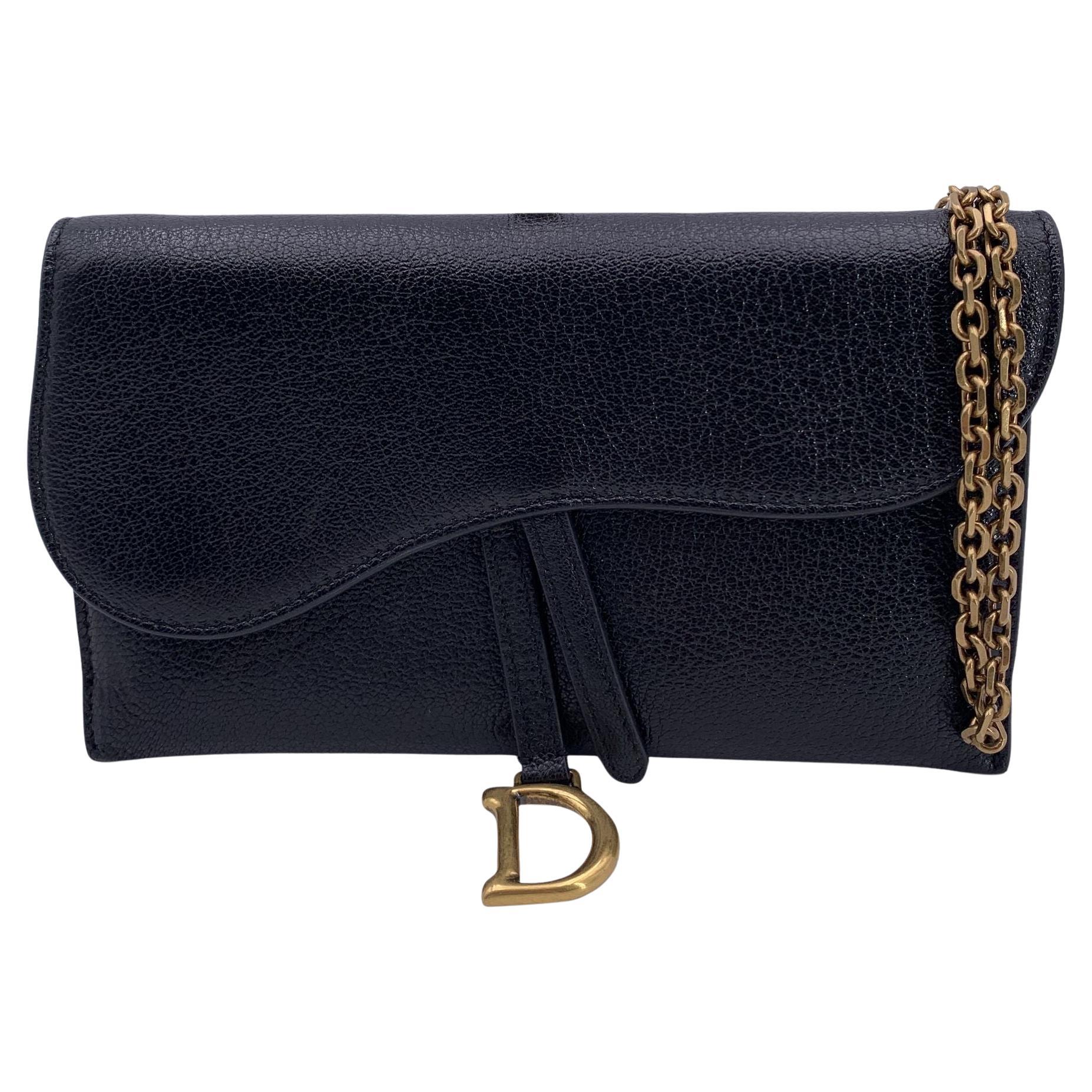 Christian Dior Black Leather WOC Wallet on Chain Small Saddle Bag For Sale