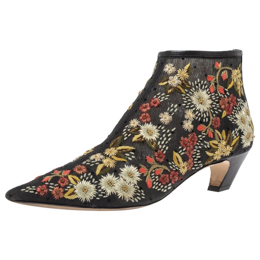 Christian Dior Black Mesh Floral Embroidered Ankle Boots Size 39.5