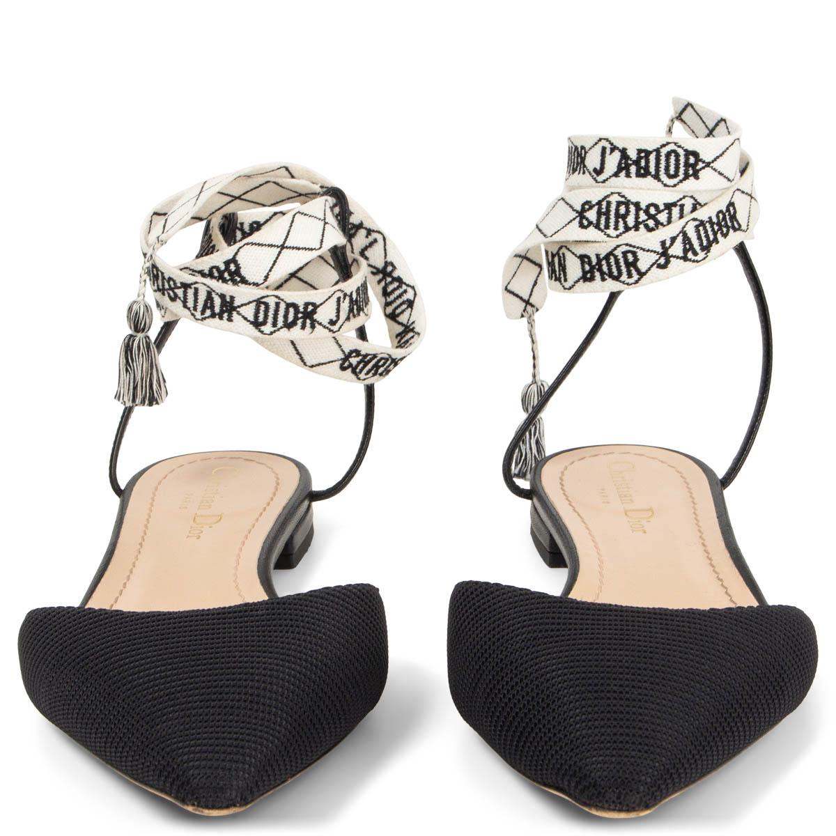 100% authentic Christian Dior J'Adior pointed-toe ankle wrap flats in black mesh and satin. Straps and lining in black and nude leather. They come with an exchangeable black and white J'Adior embroidered wrap around ribbon and an additional one in