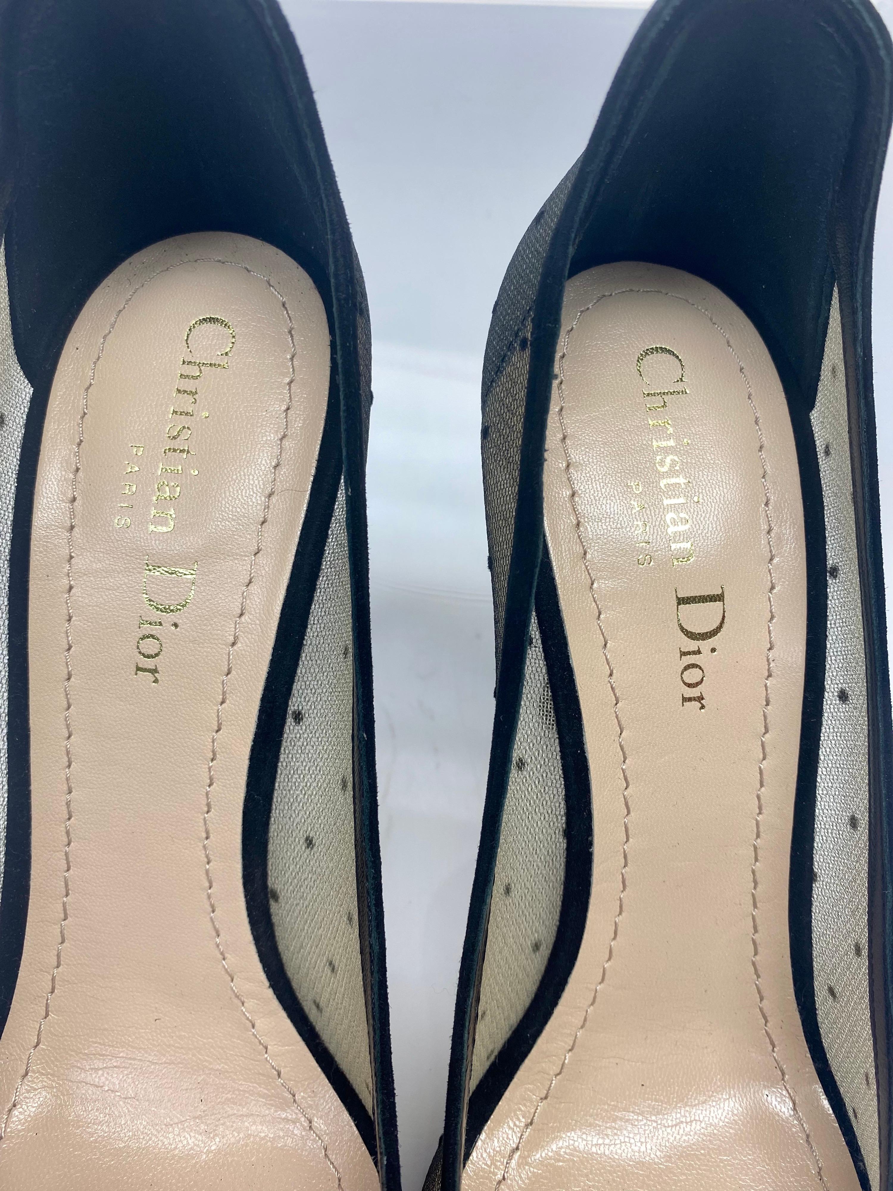 Women's Christian Dior Black Mesh Polka Dot Suede Pumps - Size 39