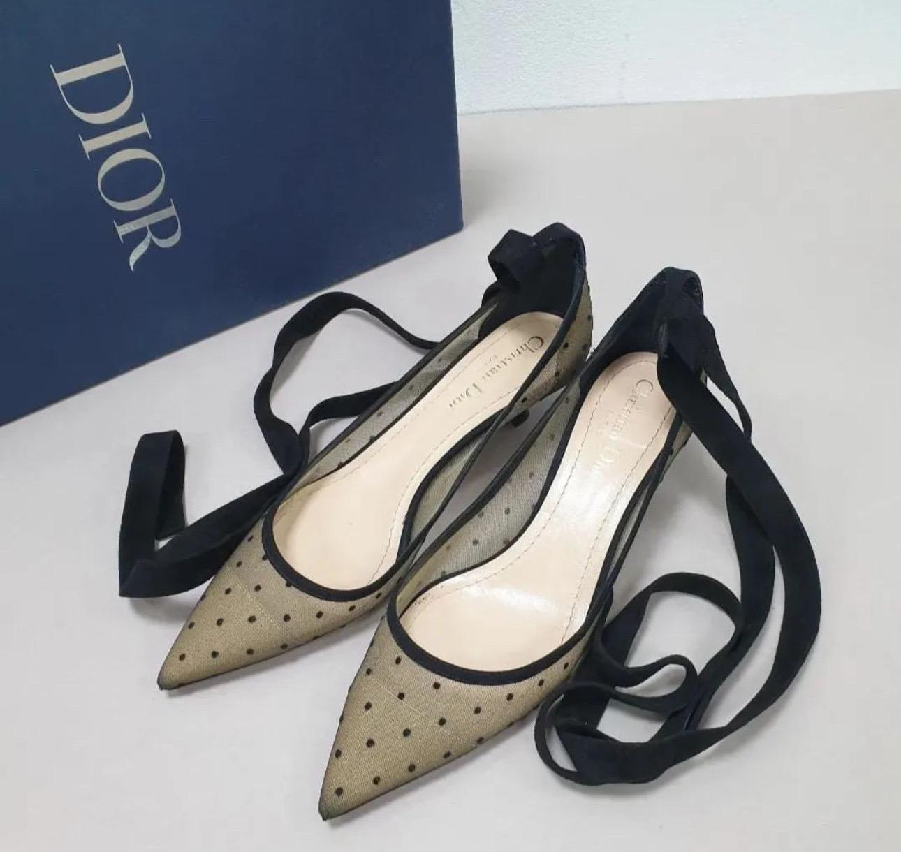 Christian Dior Black Mesh Suede D Polka Dot Pumps  For Sale 1