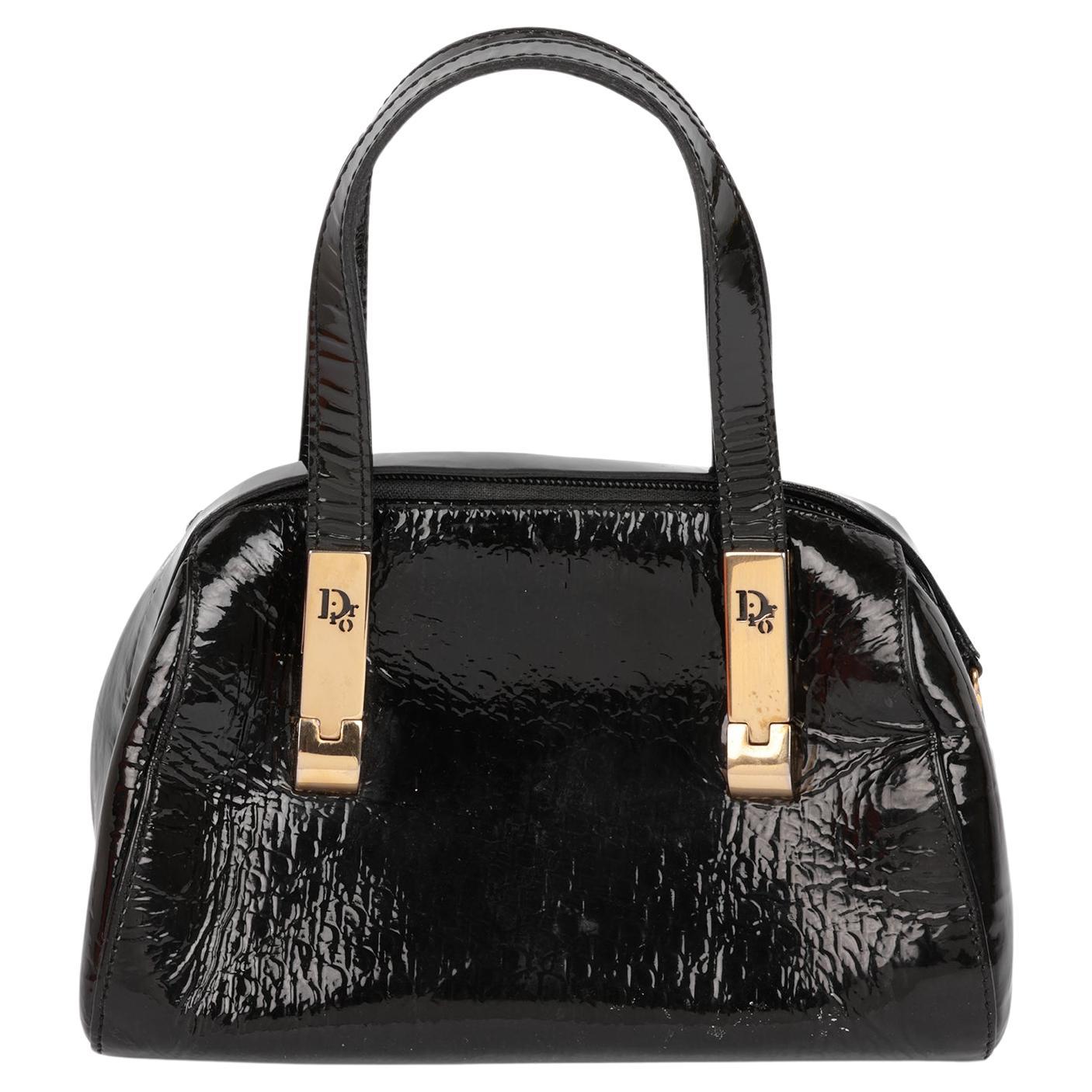 Christian Dior Schwarz Micro Monogram Lackleder Vintage Mini Bowling Tasche im Angebot