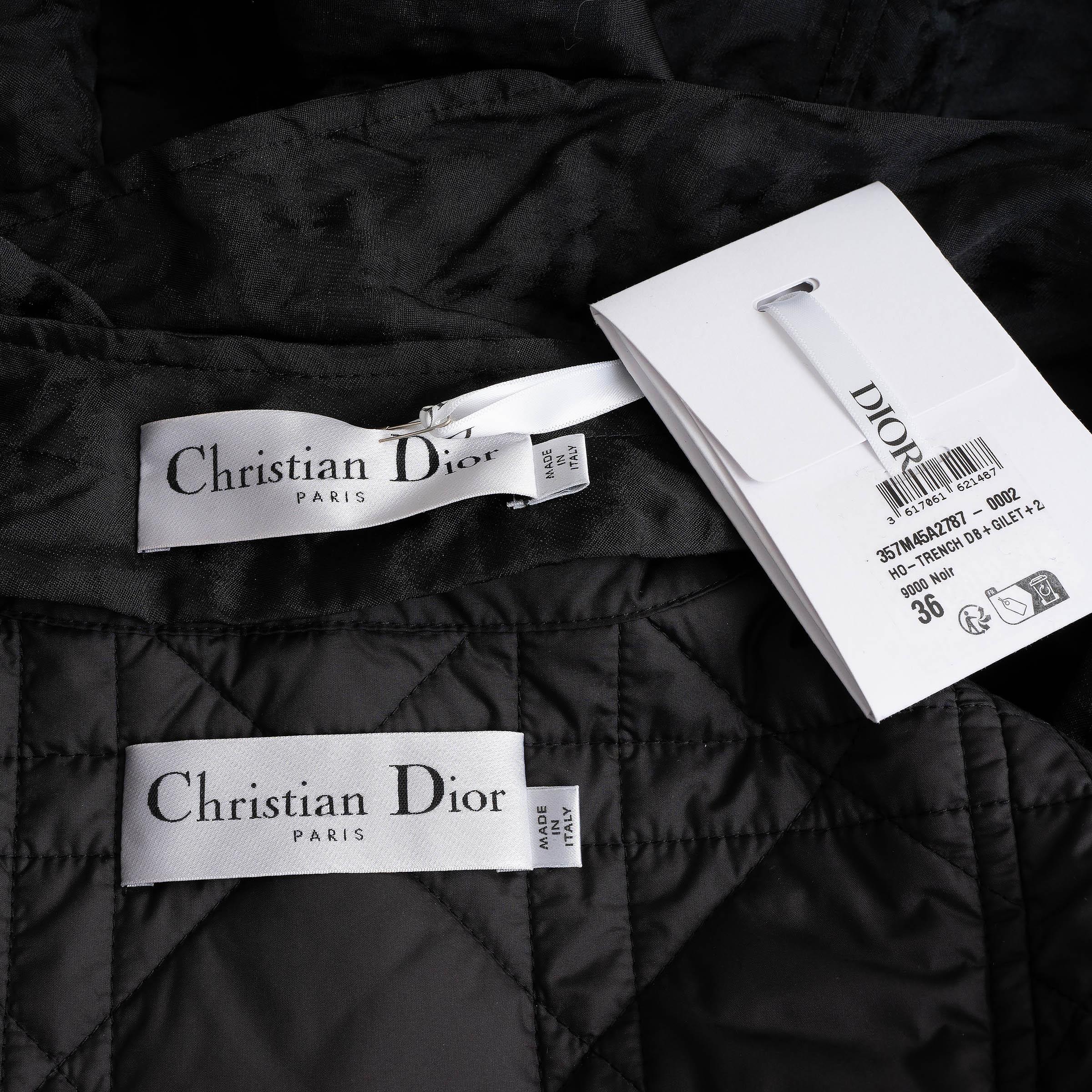 CHRISTIAN DIOR black moire 2023 TRENCH & REMOVABLE VEST Coat Jacket 36 XS For Sale 5