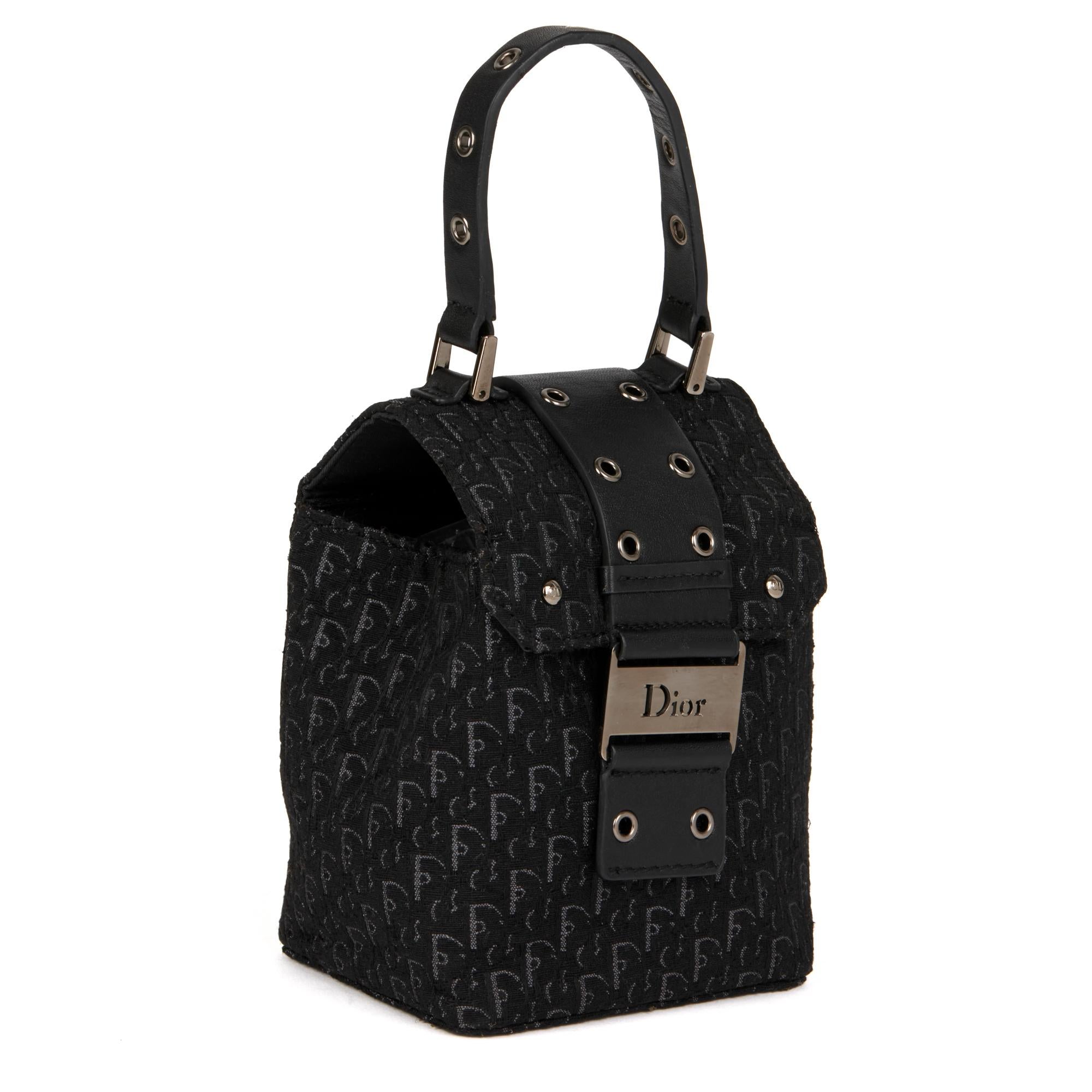 CHRISTIAN DIOR
Black Oblique Monogram Canvas & Calfskin Leather Vintage Top Handle Box Bag

Serial Number: HE0082
Age (Circa): 2002
Authenticity Details: Serial Stamp (Made in Italy)
Gender: Ladies
Type: Top Handle

Colour: Black
Hardware:
