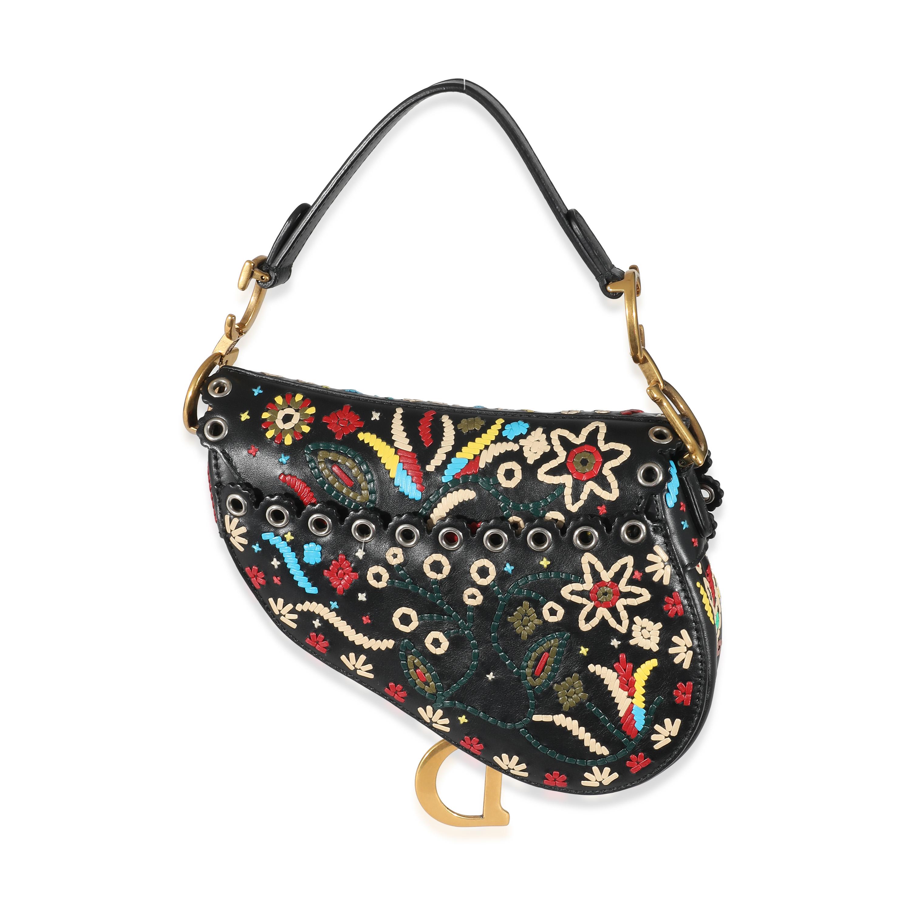 Christian Dior Schwarze mehrfarbige bestickte Mini-Satteltasche 1