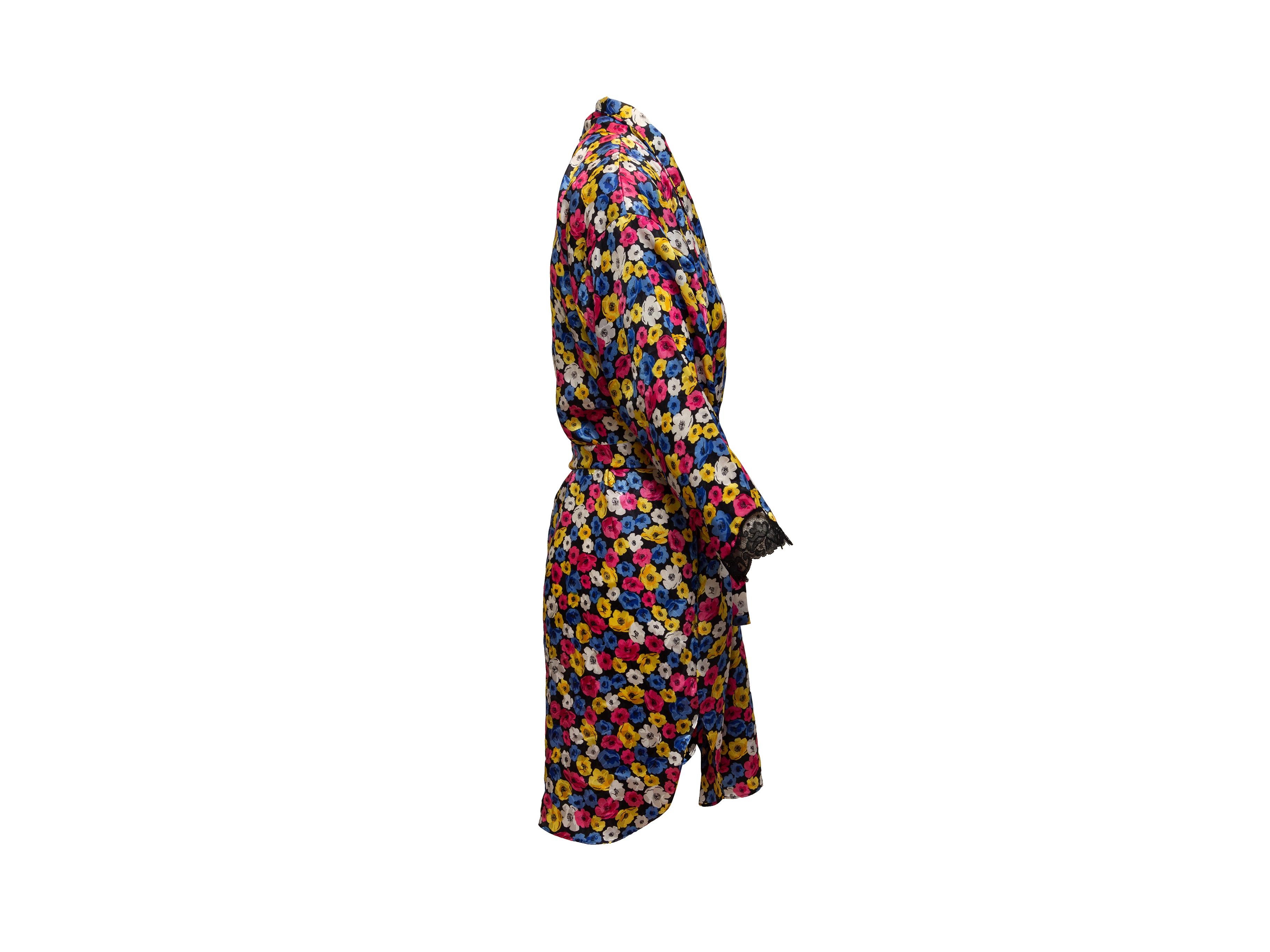 Product details: Vintage black and multicolor floral print robe by Christian Dior. Lace trim at cuffs. Tie closure at waist. 38