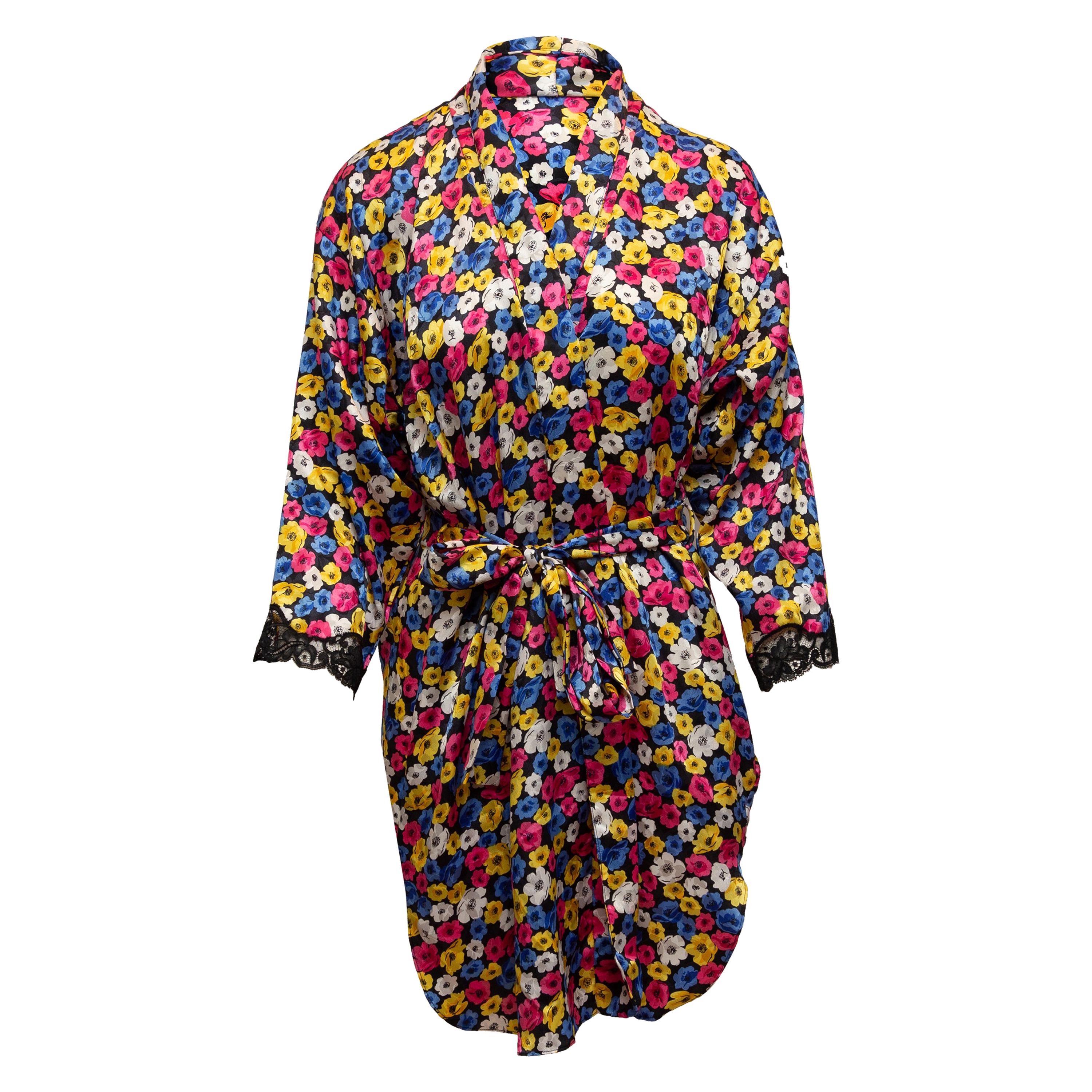 Christian Dior Black & Multicolor Floral Print Robe
