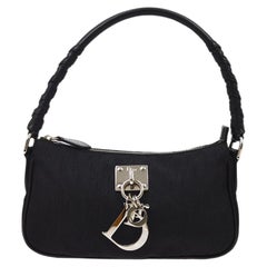Christian Dior Black Nylon Leather Silver Charm Top Handle Pochette Shoulder Bag