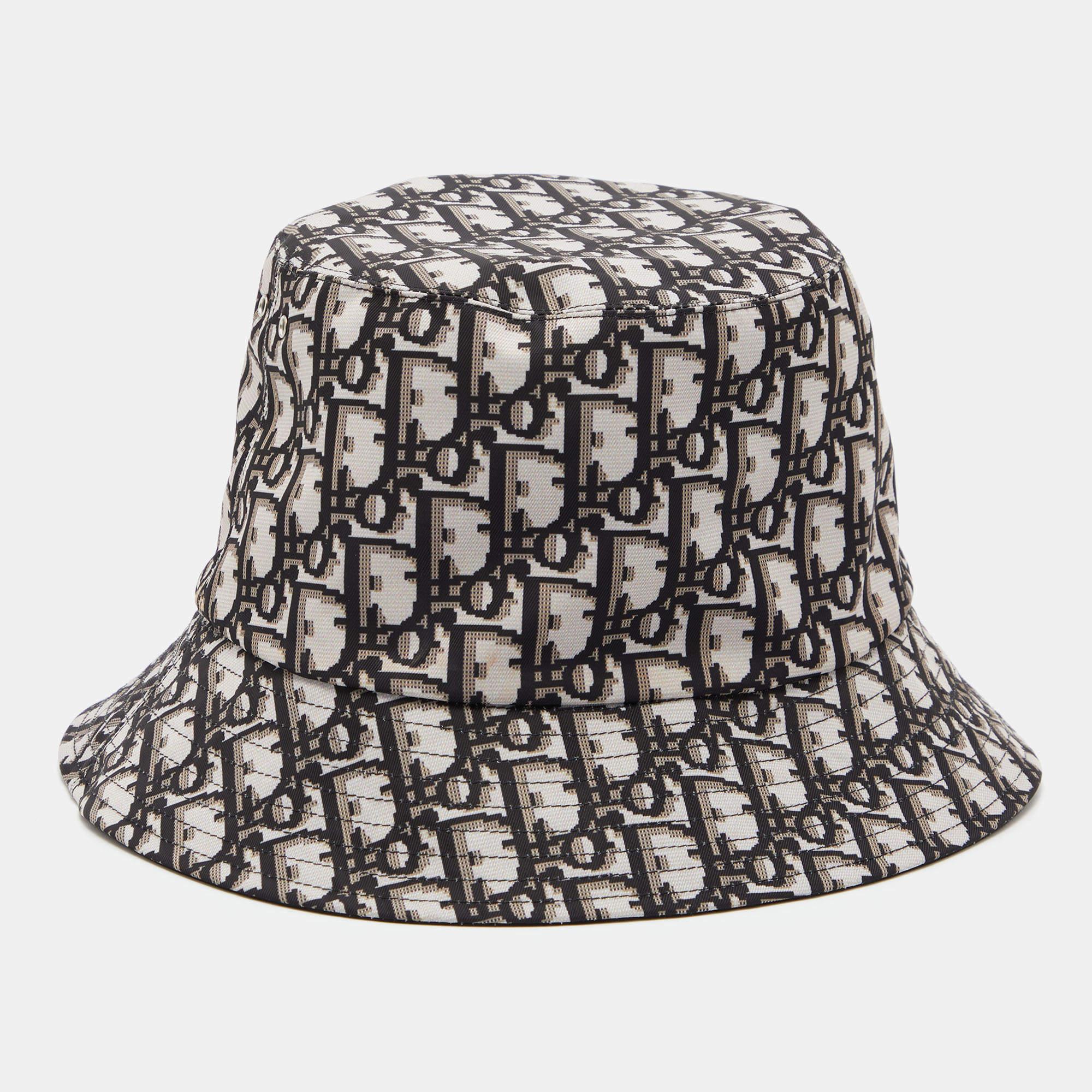 Women's Christian Dior Black Oblique Teddy-D Brim Reversible Bucket Hat 57
