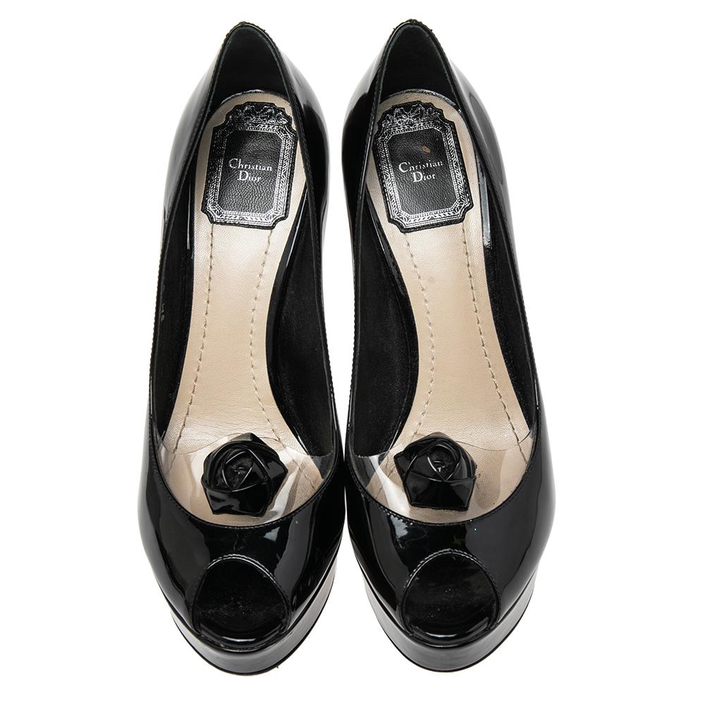 Christian Dior Black Patent Leather And PVC Peep Toe Platform Pumps Size 37.5 In Good Condition For Sale In Dubai, Al Qouz 2