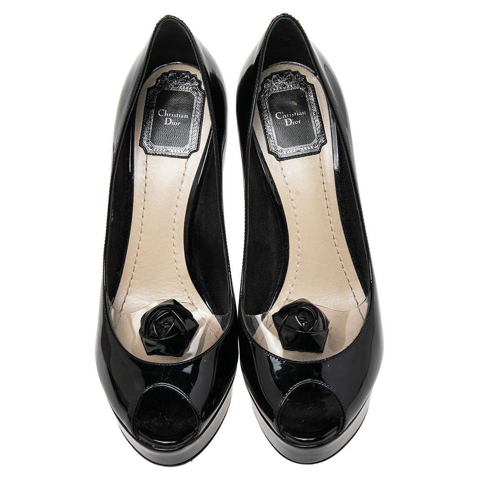 Donna Christian Dior - Pompe a punta aperta in vernice nera e PVC - misura 37,5