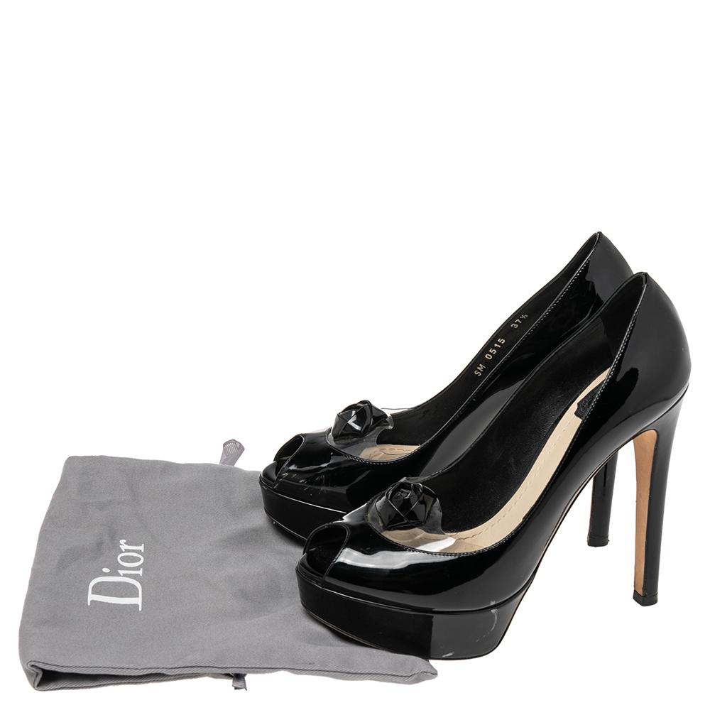 Christian Dior Black Patent Leather And PVC Peep Toe Platform Pumps Size 37.5 For Sale 2
