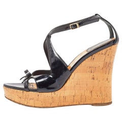 Used Christian Dior Black Patent Leather Dior Starlet Cork Wedge Sandals Size 39