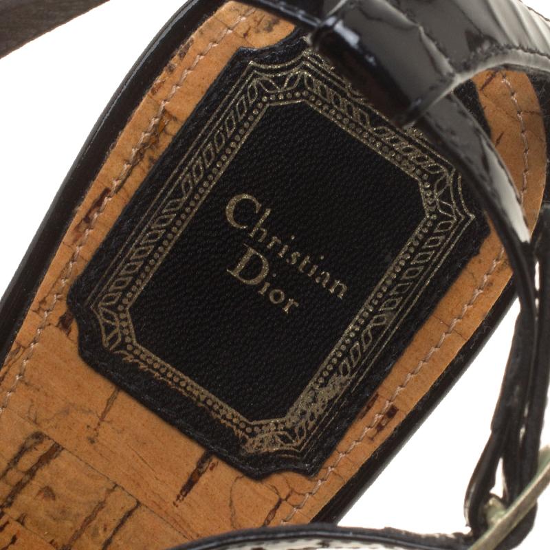 Christian Dior Black Patent Leather Dior Starlet Platform Cork Wedges Size 37 2