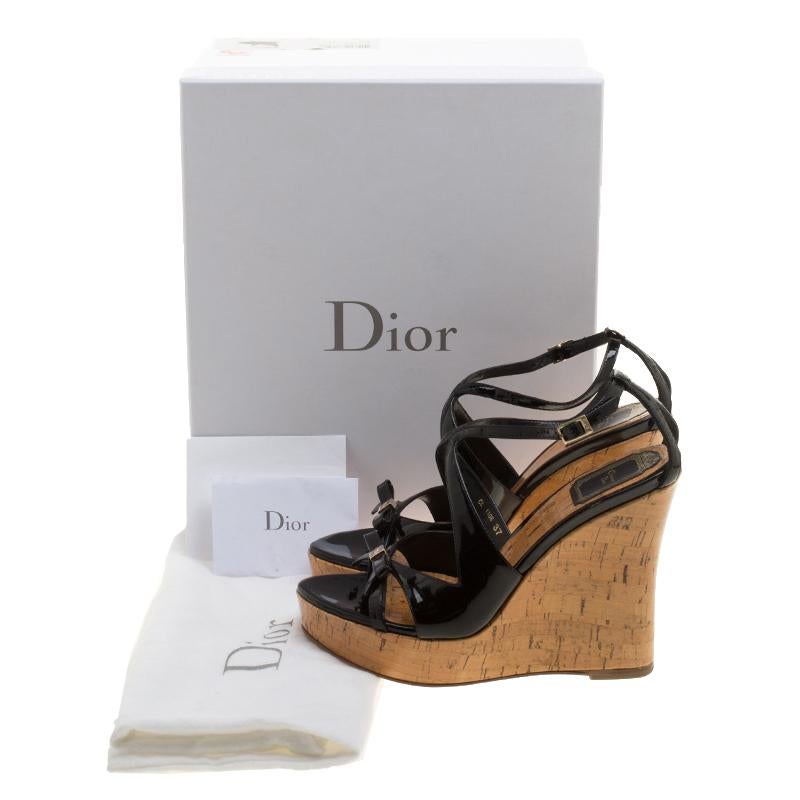 Christian Dior Black Patent Leather Dior Starlet Platform Cork Wedges Size 37 4