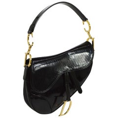 Retro Christian Dior Black Patent Leather Gold Charm Top Handle 'CD' Shoulder Flap Bag