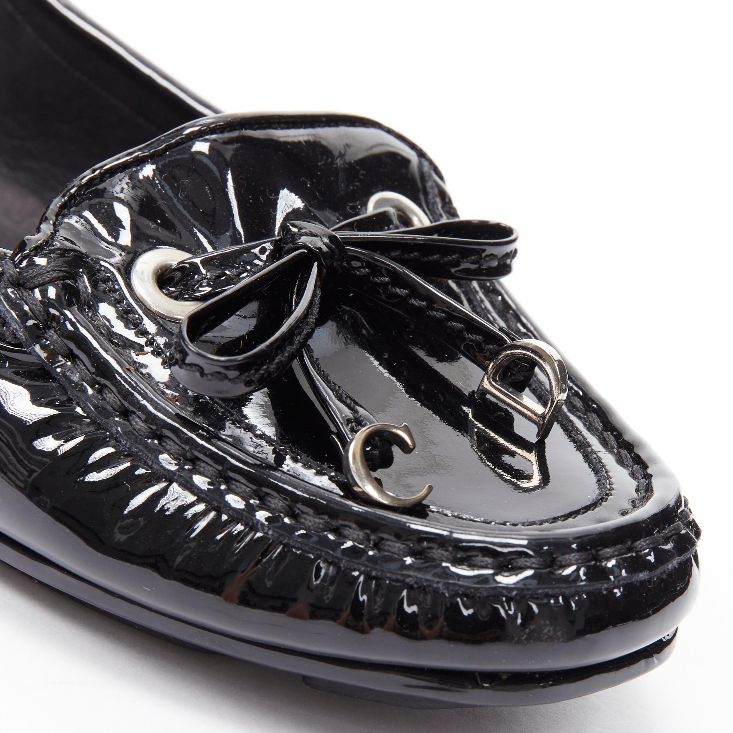 Women's CHRISTIAN DIOR black patent silver CD charm bow  flat loafer EU37 For Sale