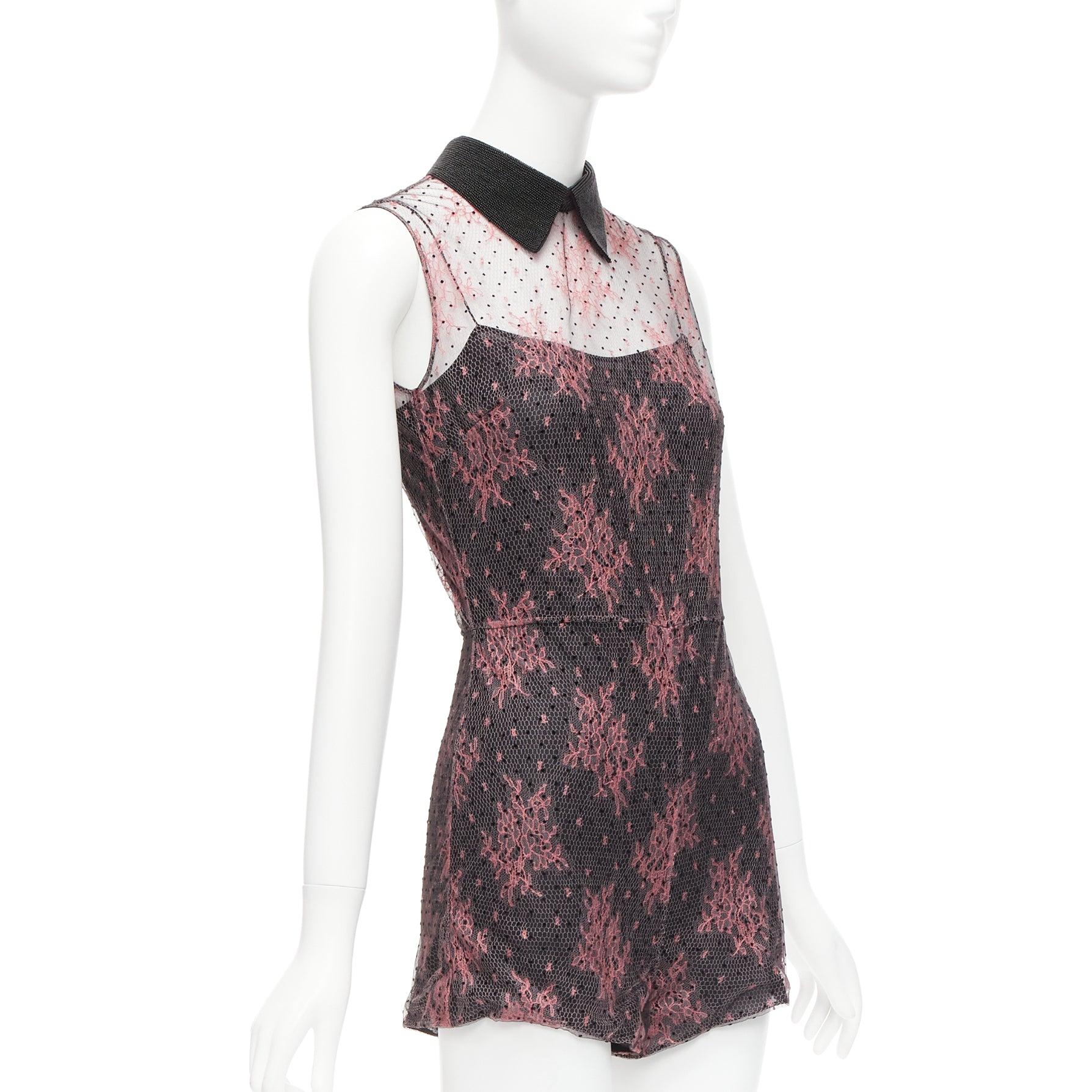 CHRISTIAN DIOR black pink intricate lace overlay playsuit romper FR34 XS
Reference: AAWC/A00692
Brand: Dior
Designer: Maria Grazia Chiuri
Material: Modal, Blend
Color: Pink, Black
Pattern: Lace
Closure: Zip
Lining: Black Fabric
Extra Details: Back