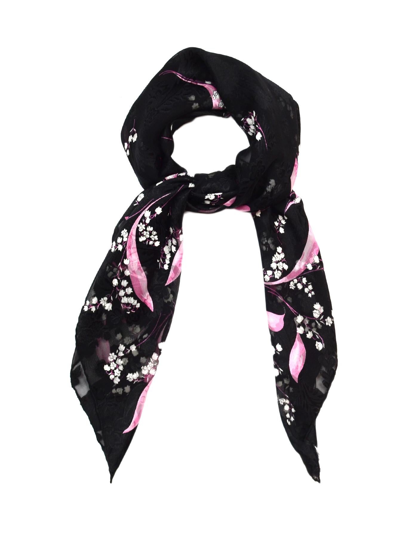 Christian Dior Black/Pink Silk Floral Scarf

Made In:  Italy
Color: Black, pink, white
Materials: 100% silk
Overall Condition: Excellent pre-owned condition 

Measurements: 
32