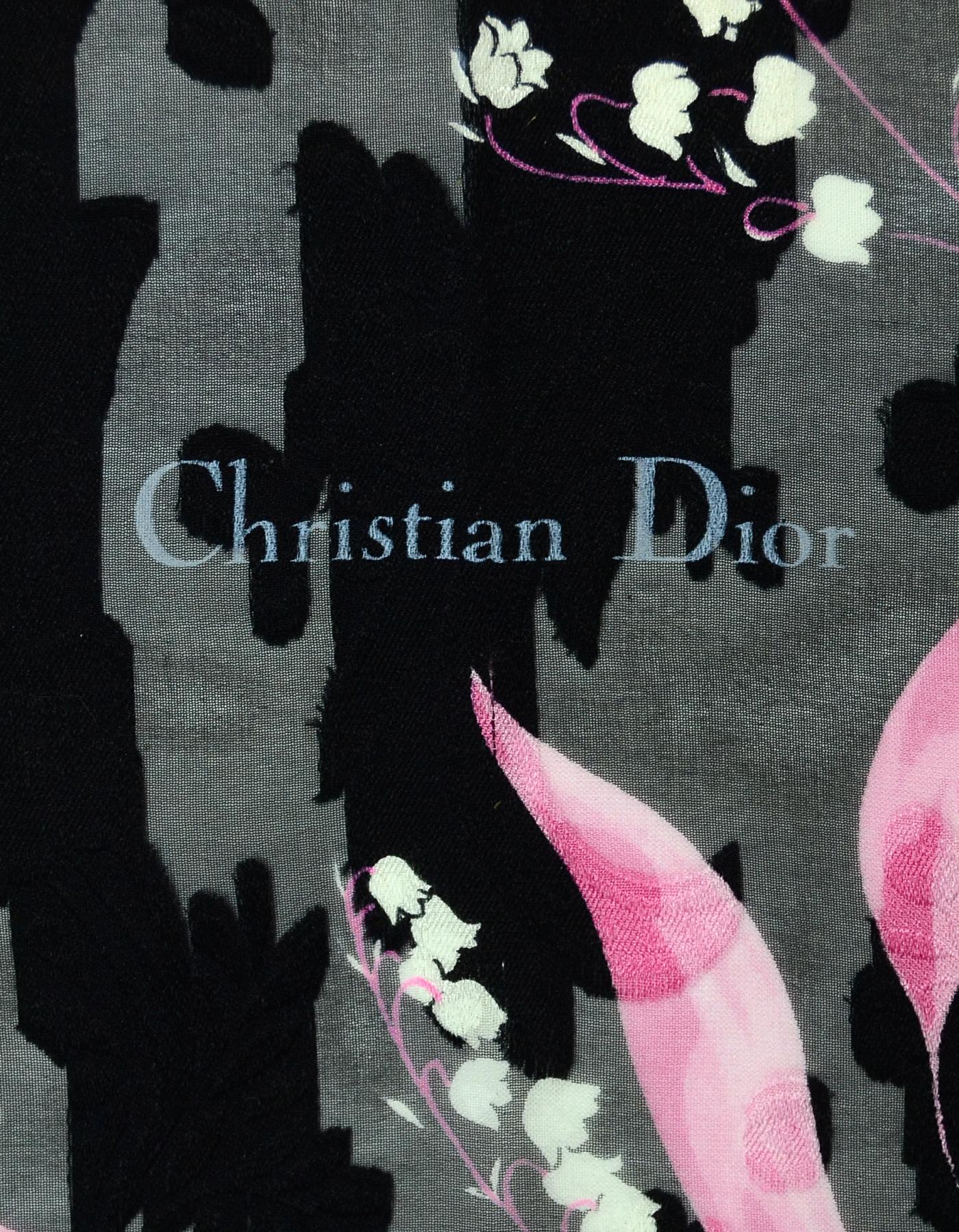 Women's Christian Dior Black/Pink Silk Floral Scarf