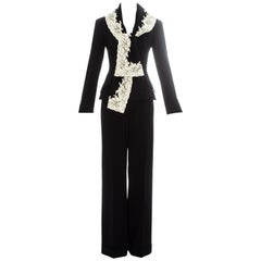 Christian Dior black pinstripe wool suit edged in white Calais lace, fw 1998