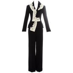 Vintage Christian Dior black pinstripe wool suit edged in white Calais lace, fw 1998