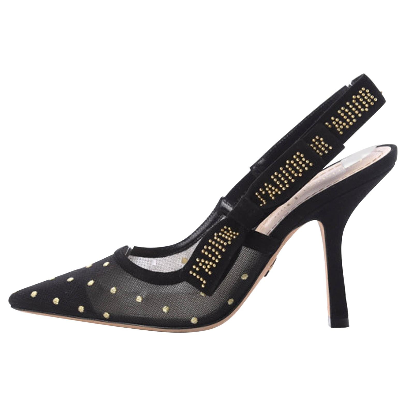 Christian Dior Black Plumetis Mesh Stud J'Adior Slingback Pumps sz 40