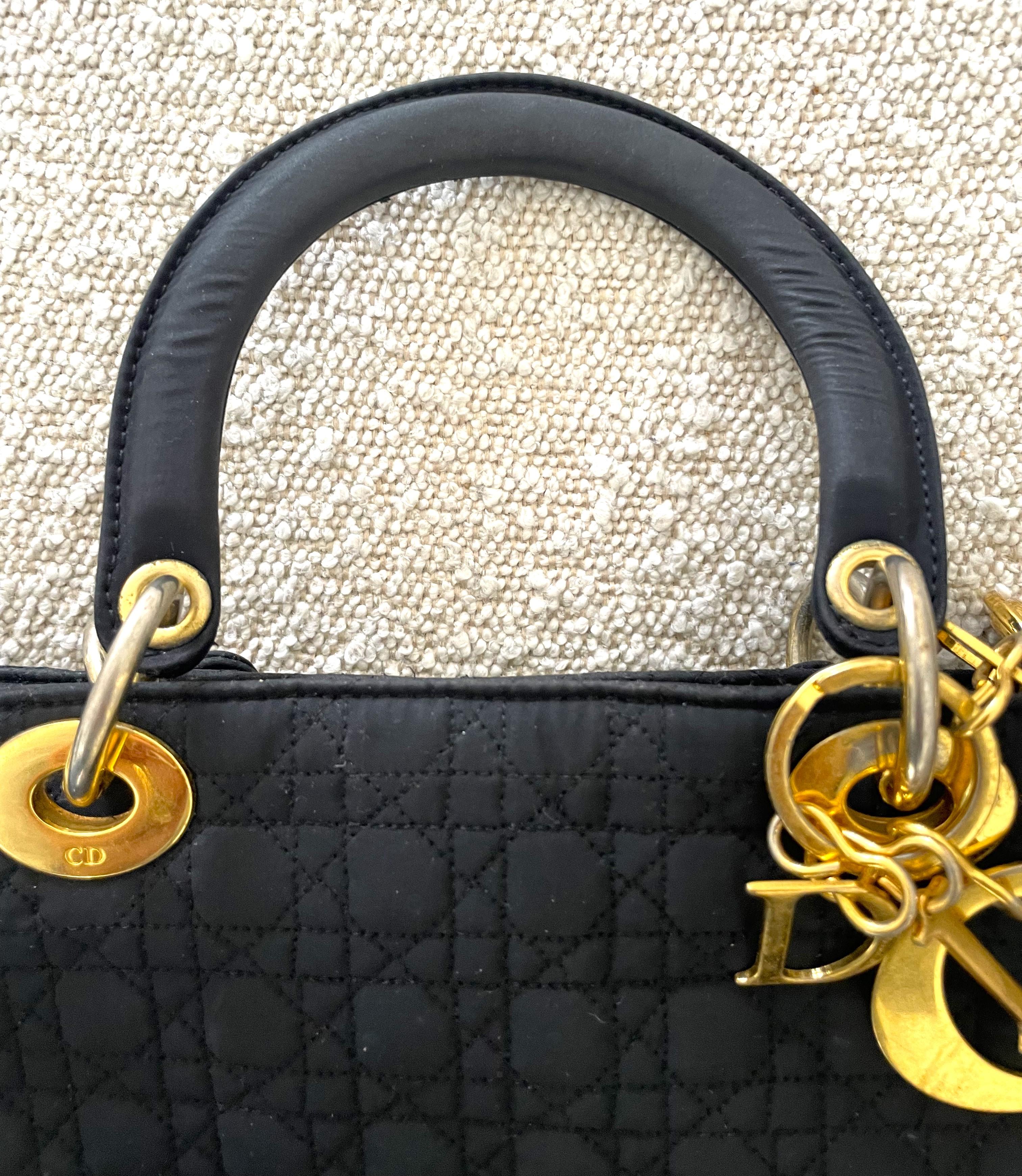 Women's Christian Dior Black Quilted Nylon LARGE Lady Di Bag 1990s For Sale