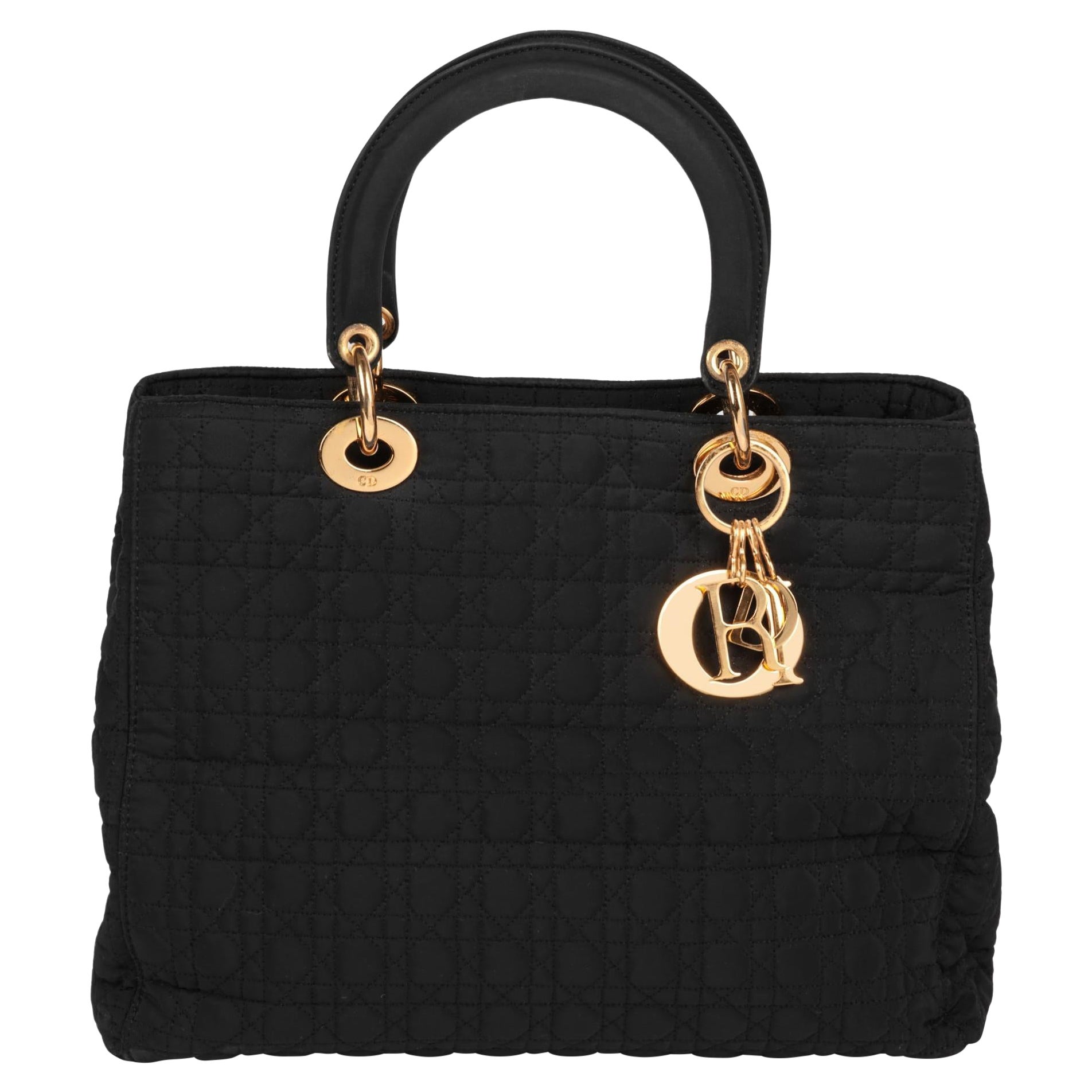 Christian Dior Noir Nylon matelassé Vintage Large Lady Dior