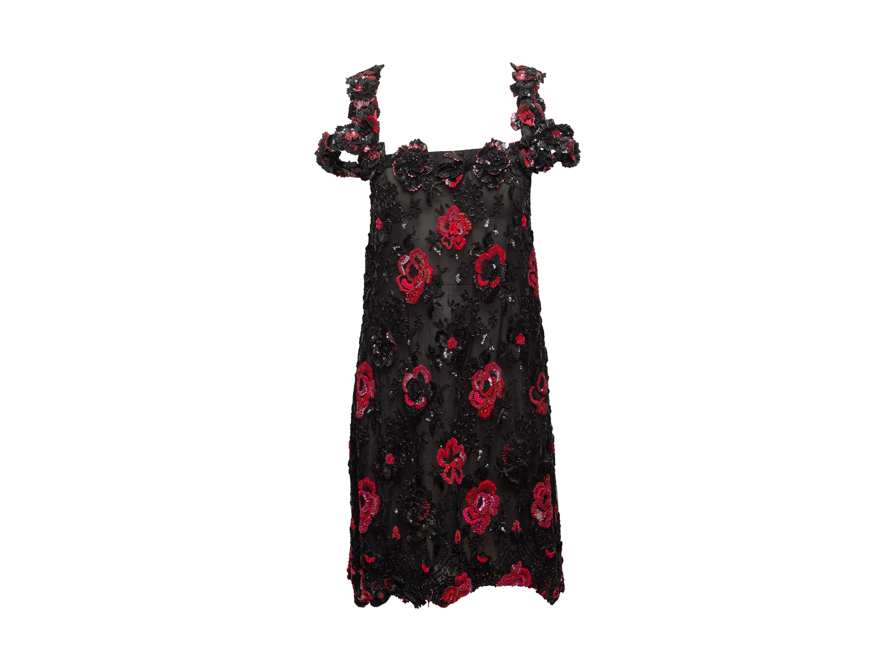 Product details: Black and red beaded floral patterned cocktail dress by Christian Dior Boutique. Sleeveless. Square neckline. 26