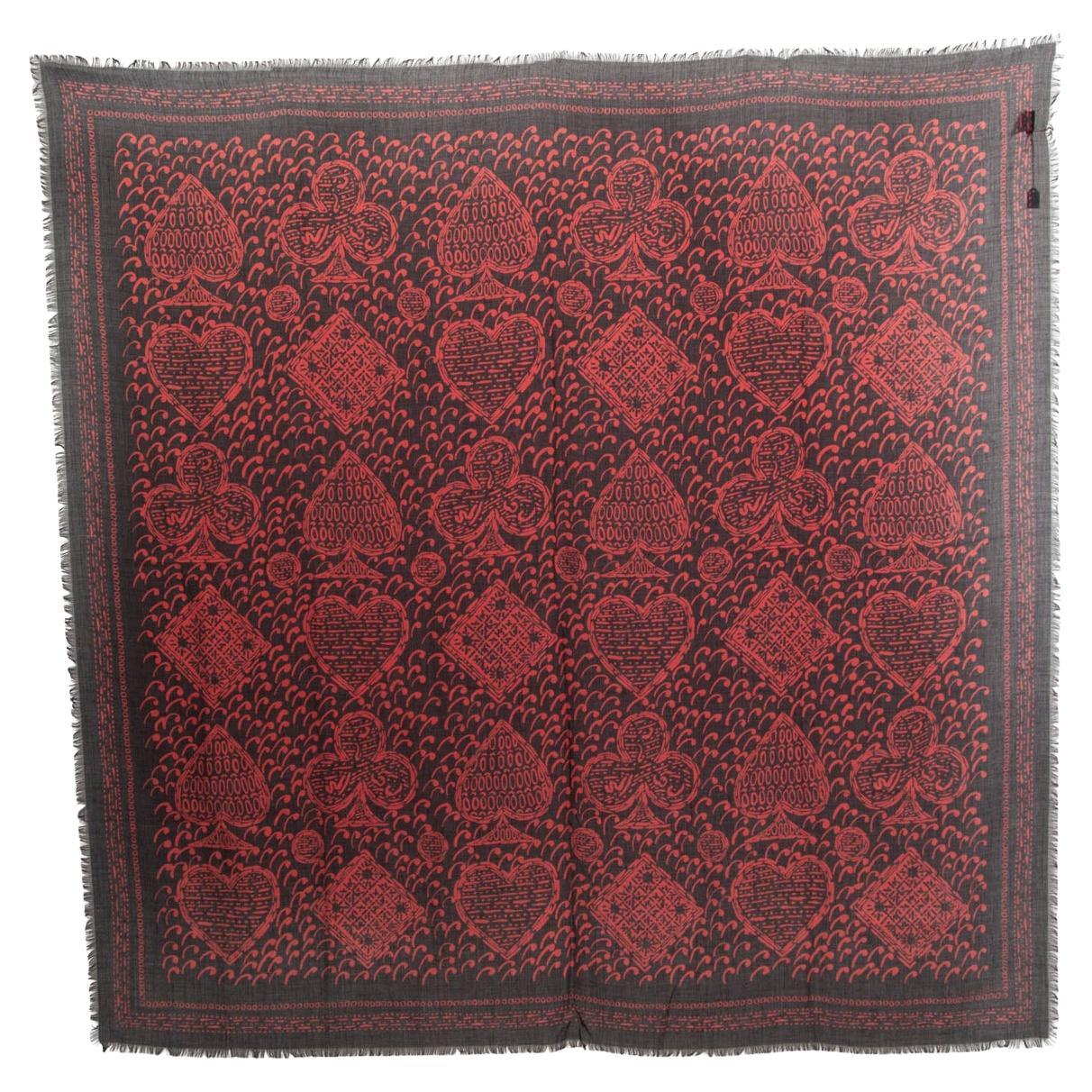 CHRISTIAN DIOR black & red cashmere & silk PLAYING CARD SYMBOLS Shawl Scarf For Sale