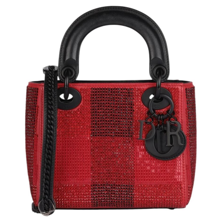 Christian Dior Schwarz & Rot Karo Verschönertes Lammleder Mini Lady Dior im Angebot