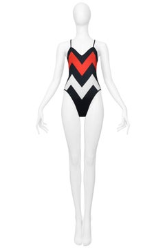 Christian Dior Black, Red & White Chevron Swimsuit 1999