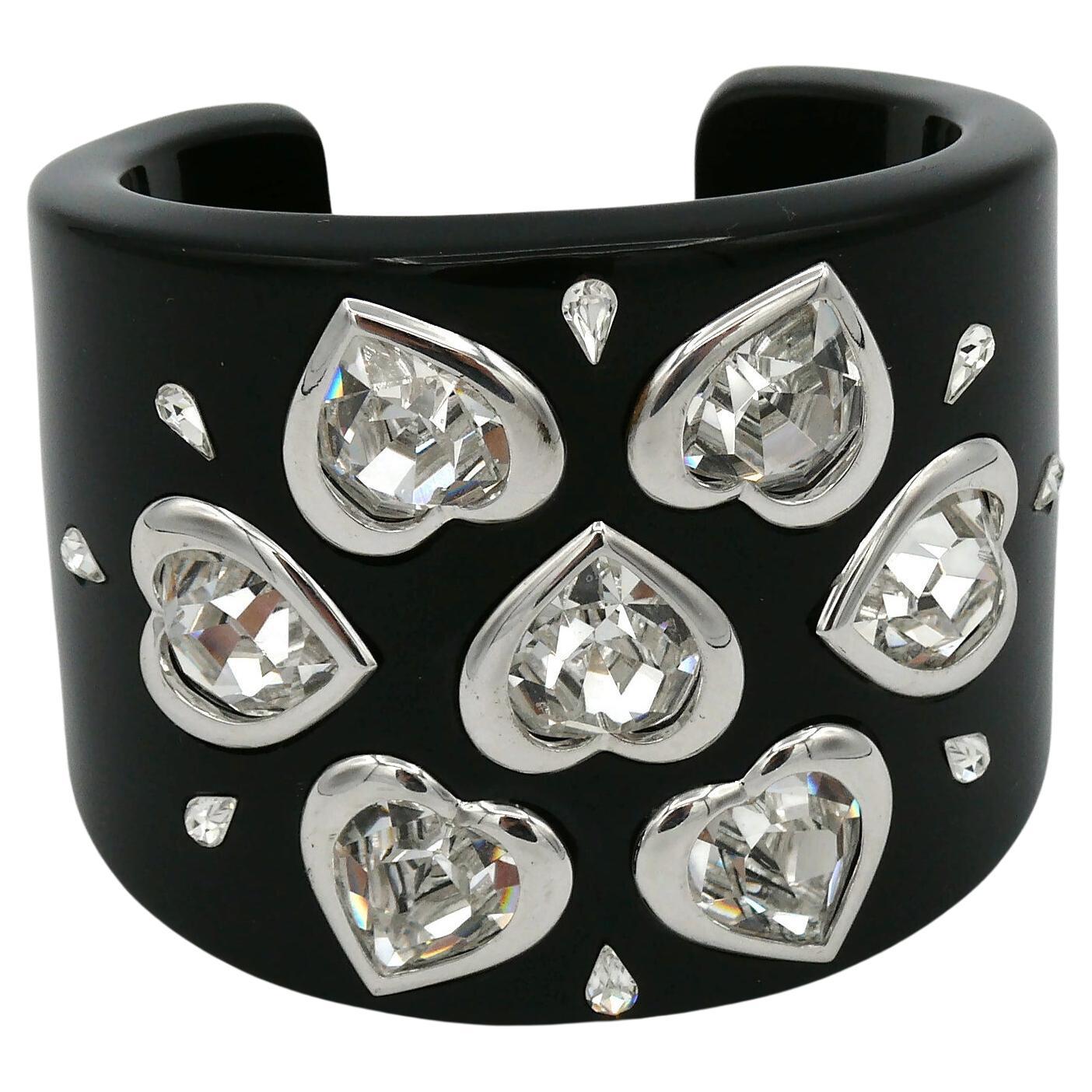 Christian Dior Black Resin Crystal Hearts Cuff Bracelet For Sale at 1stDibs