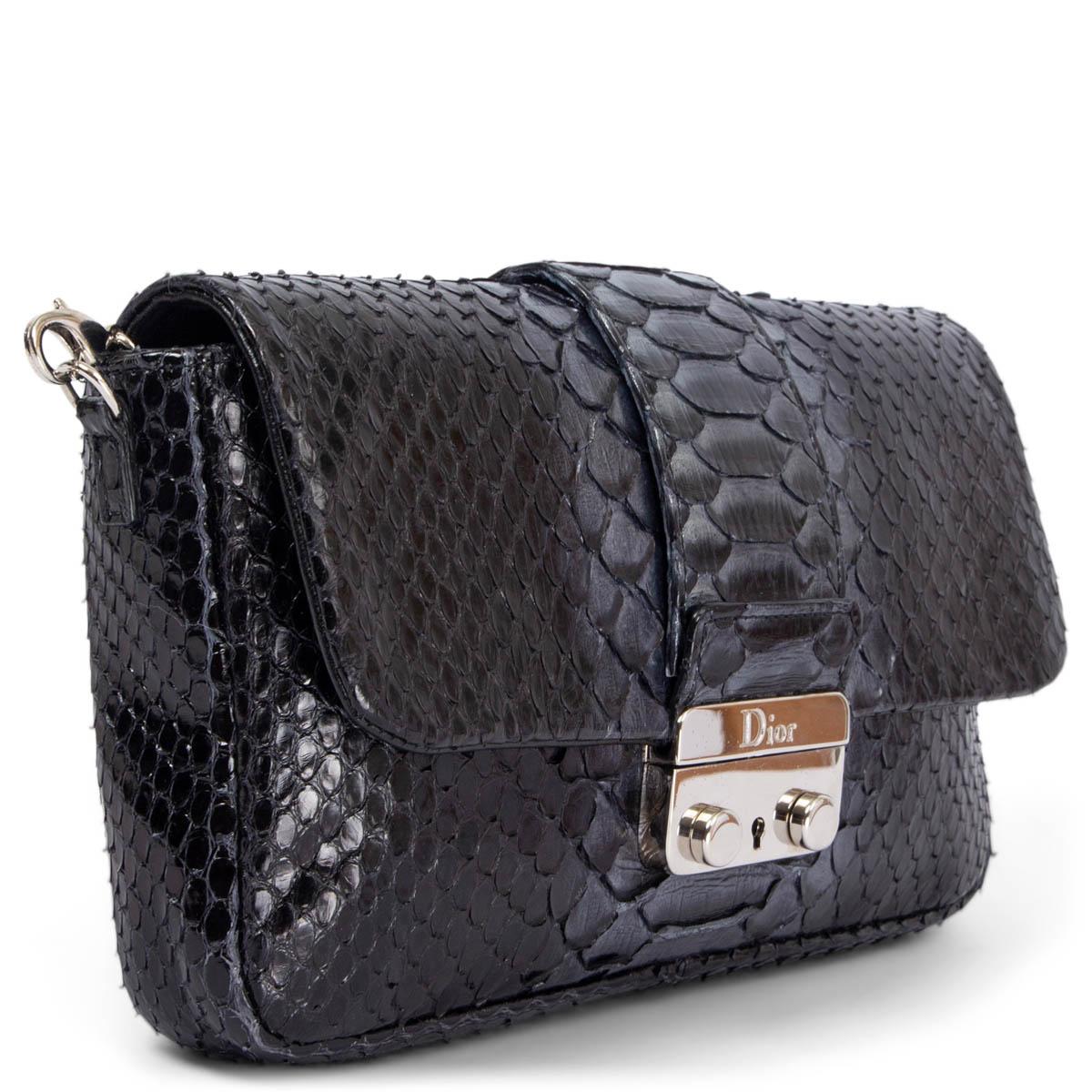 100% authentic Christian Dior Miss Dior crossbody flap bag in black and metallic grey python featuring silver-tone hardware. Lined in smooth lambskin with six credit card slots and one slip pocket. The design comes with a detachable silver-tone