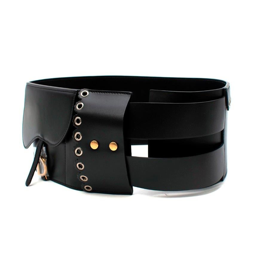 Christian Dior Black Smooth Leather Deep Saddle Belt
 

 - Cruise 2019 Runway Collection
 - Black smooth leather wide waist belt
 - Signature saddle flap finished with gold-tone hardware 'D' charm
 - Two adjustable straps 
 - Silver-tone studded