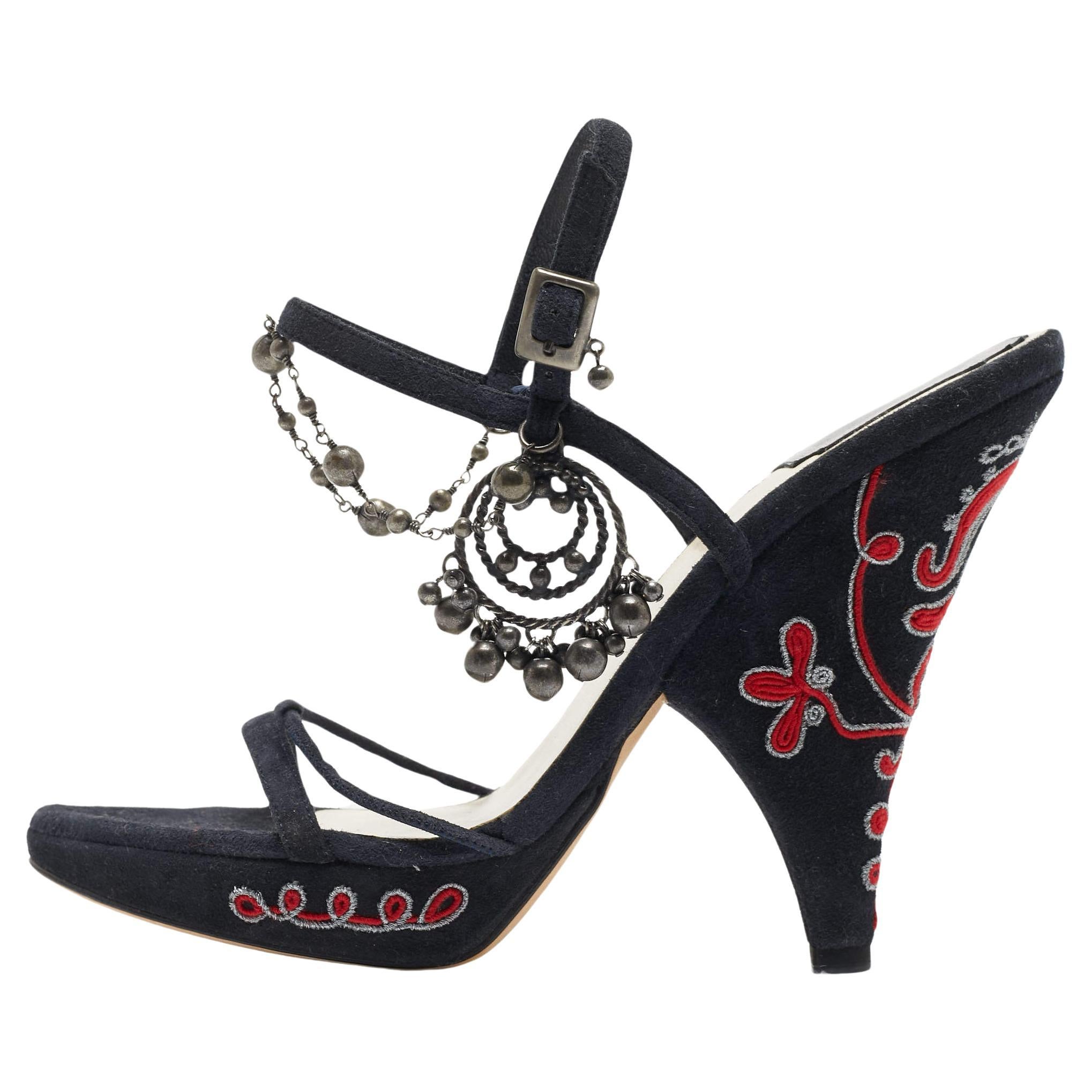 Christian Dior Black Suede Embellished Ankle Strap Sandals Size 36.5 For Sale