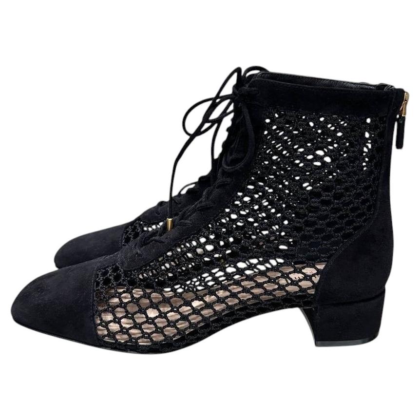 Christian Dior Black Suede Lace Ankle Boots EU 38 Chunky Heel Italy