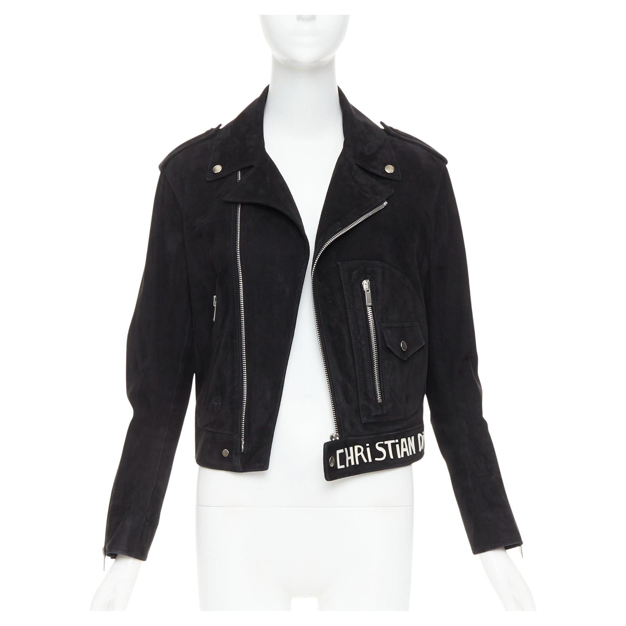 CHRISTIAN DIOR black suede lambskin leather patchwork biker jacket FR36 S