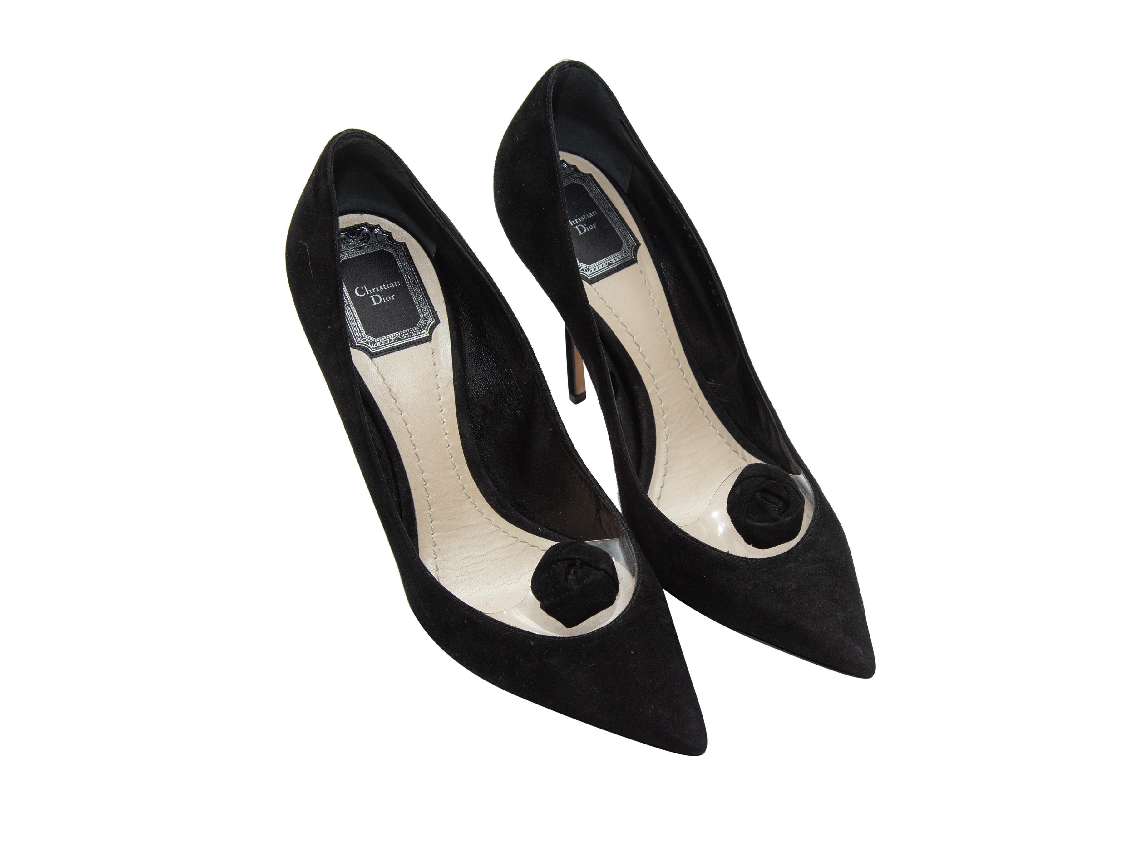 Product details: Black suede pointed-toe pumps by Christian Dior. Vinyl and rosette detailing at tops. Designer size 38.5. 4